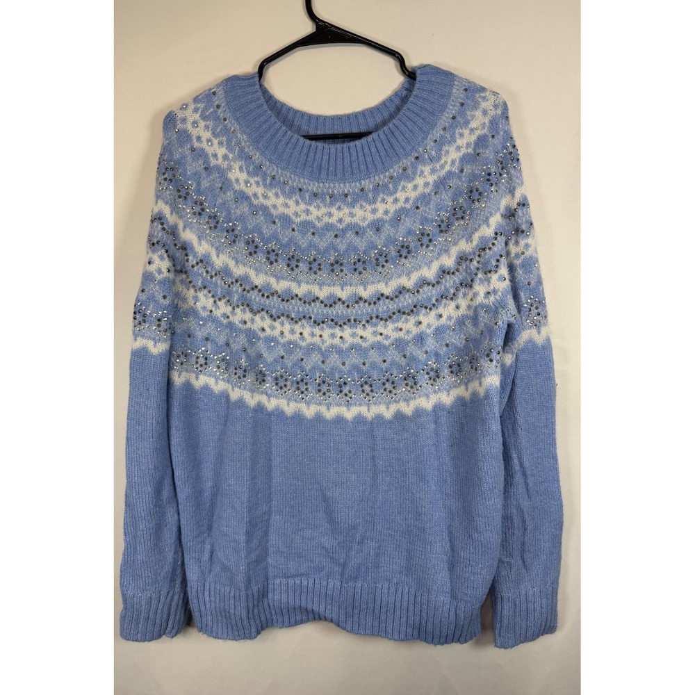 Talbots Blue Fair Isle Rhinestone Embellished Crew Neck Sweater Womens Medium